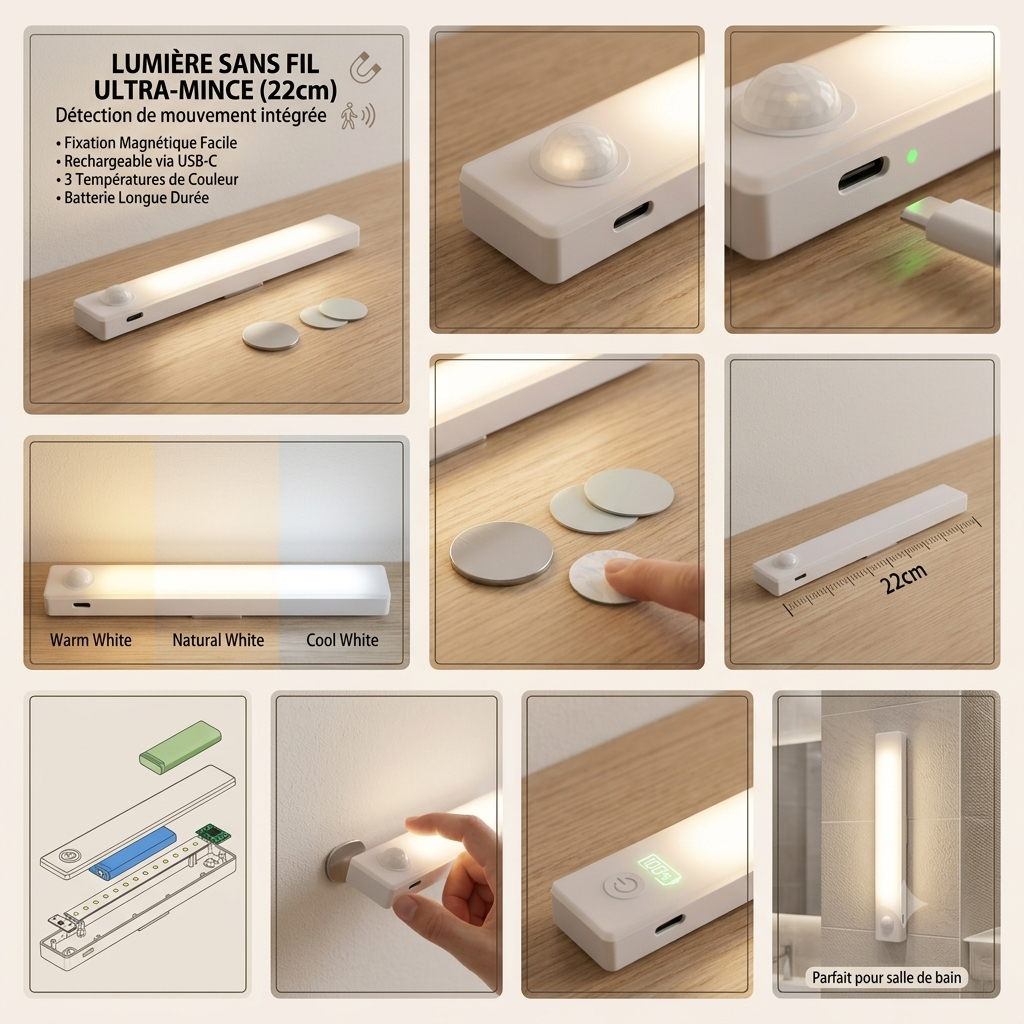 Lot de 3 lampes magnétiques à fixer sous les meubles, lampes LED rechargeables de 22 cm (8,66 po) avec 3 niveaux de luminosité, fixation magnétique, allumage instantané, idéales pour la cuisine, les escaliers, etc.