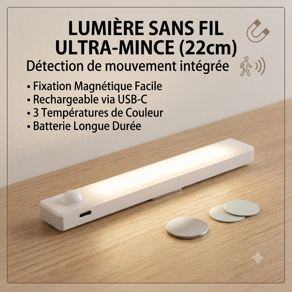Lot de 3 lampes magnétiques à fixer sous les meubles, lampes LED rechargeables de 22 cm (8,66 po) avec 3 niveaux de luminosité, fixation magnétique, allumage instantané, idéales pour la cuisine, les escaliers, etc.